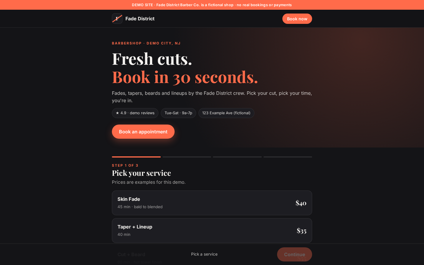 Fade District dark-mode booking demo